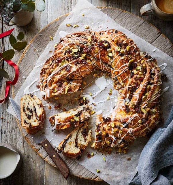 Chocolate, cherry & pistachio sweet bread wreath