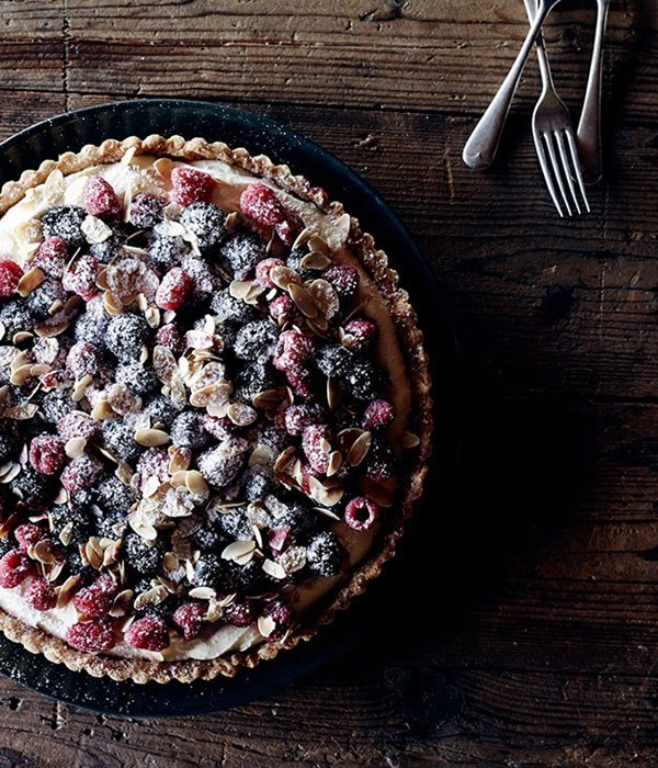 Chocolate, cherry and raspberry tart