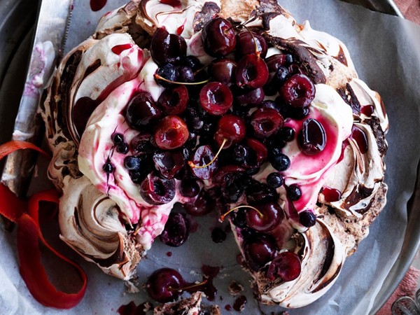 Chocolate cherry berry Pavlova