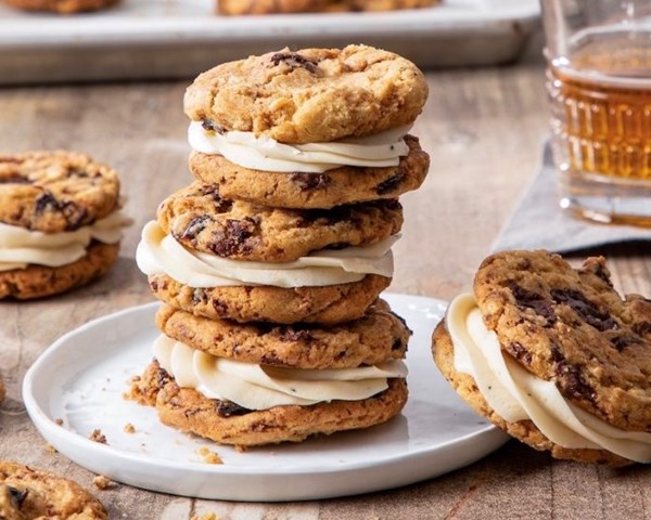 Chocolate-cherry browned butter sandwich cookies with whiskey buttercream