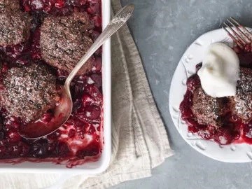 Chocolate-cherry cobbler with whipped aquafaba topping