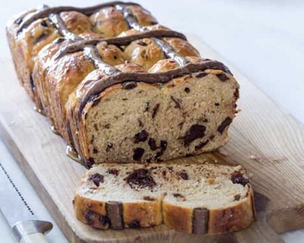 Chocolate cherry hot cross buns [apricot glaze]