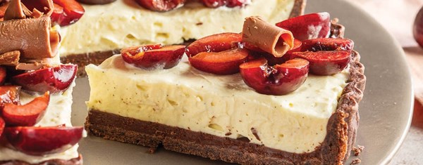 Chocolate cherry tart [chocolate pastry dough; cherry crème légère]