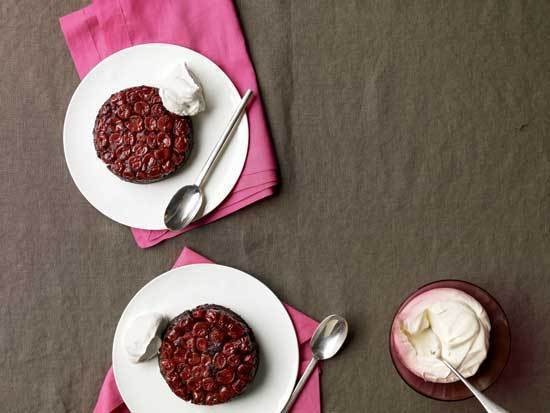 Chocolate-cherry upside-down cakes