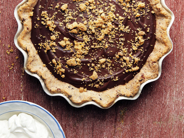 Chocolate chess pie with cornbread crumble