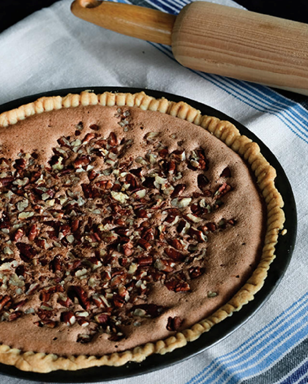 Chocolate chess pie with pecans 