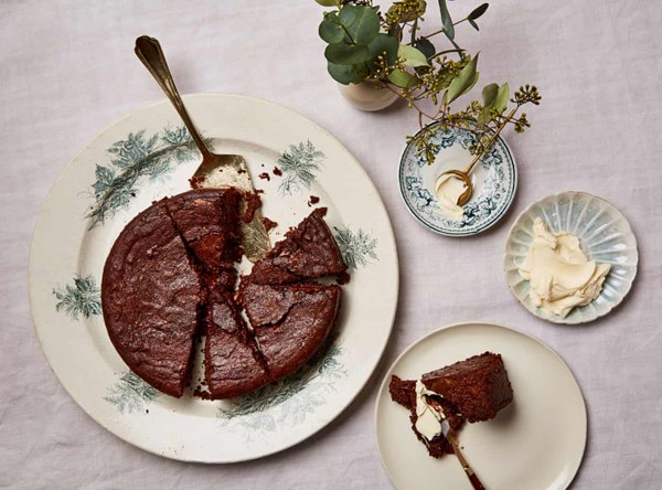 Chocolate, chestnut, almond and prune cake