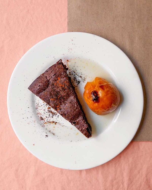 Chocolate chilli torte with coffee grounds & whole roasted apricots