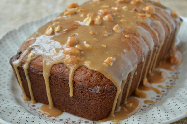 Chocolate chip banana bread with peanut butter drizzle