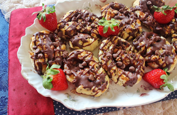 Chocolate chip biscuits with strawberry cream cheese filling