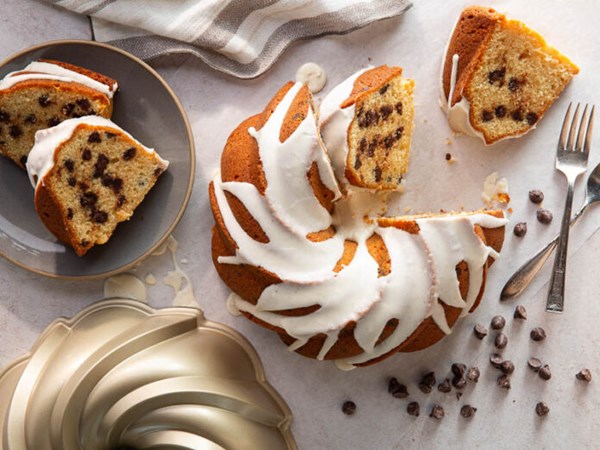Chocolate chip bundt cake with vanilla glaze