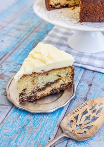 Chocolate chip buttermilk cake with orange icing 