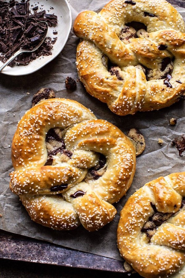 Chocolate chip cookie stuffed soft pretzels