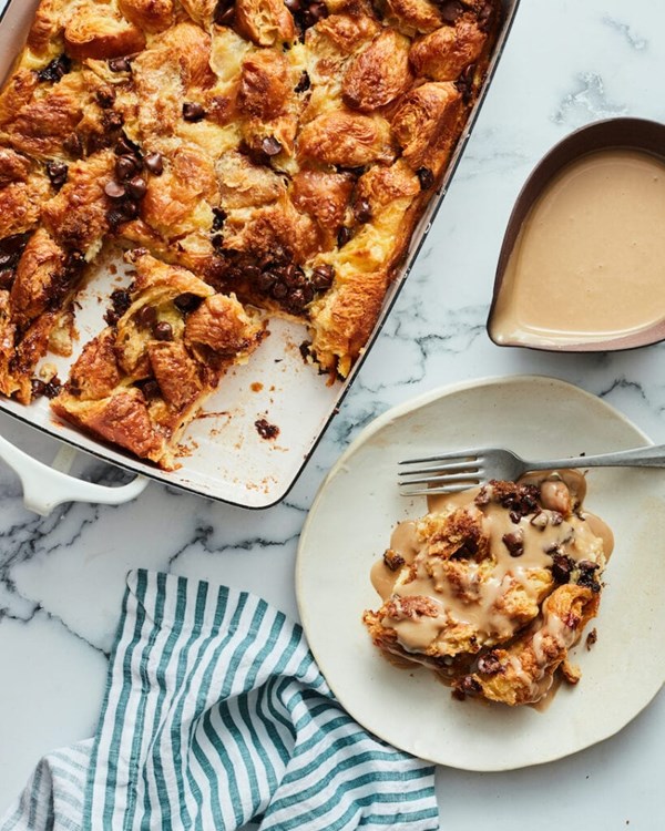 Chocolate chip croissant bread pudding