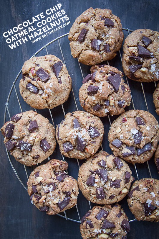 Chocolate chip oatmeal cookies with hazelnuts