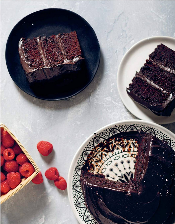 Chocolate-chocolate cake with fresh raspberries