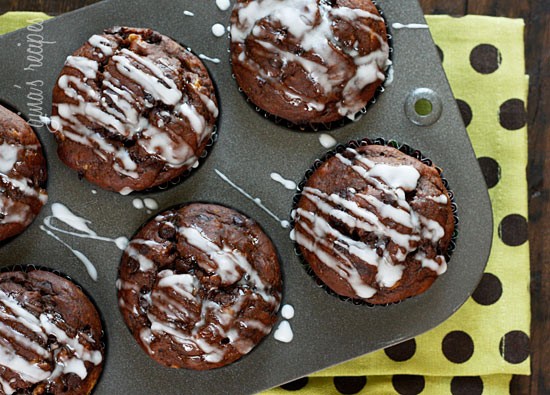 Chocolate chocolate chip banana muffins with glaze