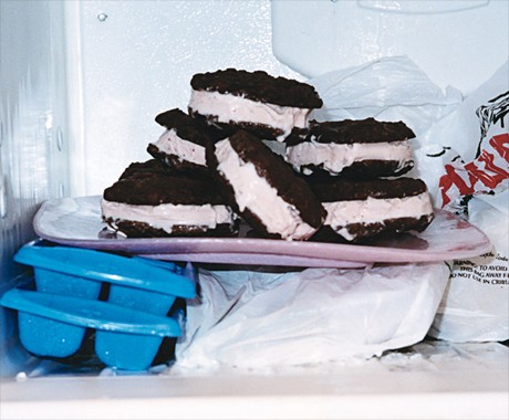 Chocolate-chocolate chip cookie and strawberry gelato sandwiches