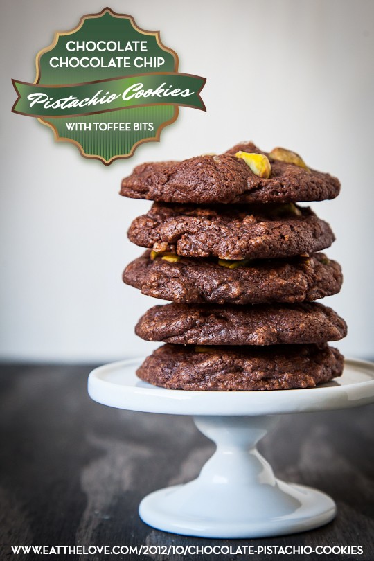 Chocolate chocolate chip pistachio cookies with toffee bits