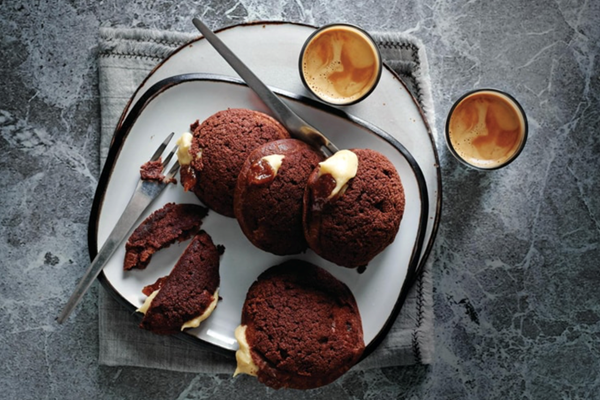 Chocolate choux au craquelin, banana jam and banana custard