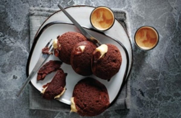 Chocolate choux au craquelin, banana jam and banana custard
