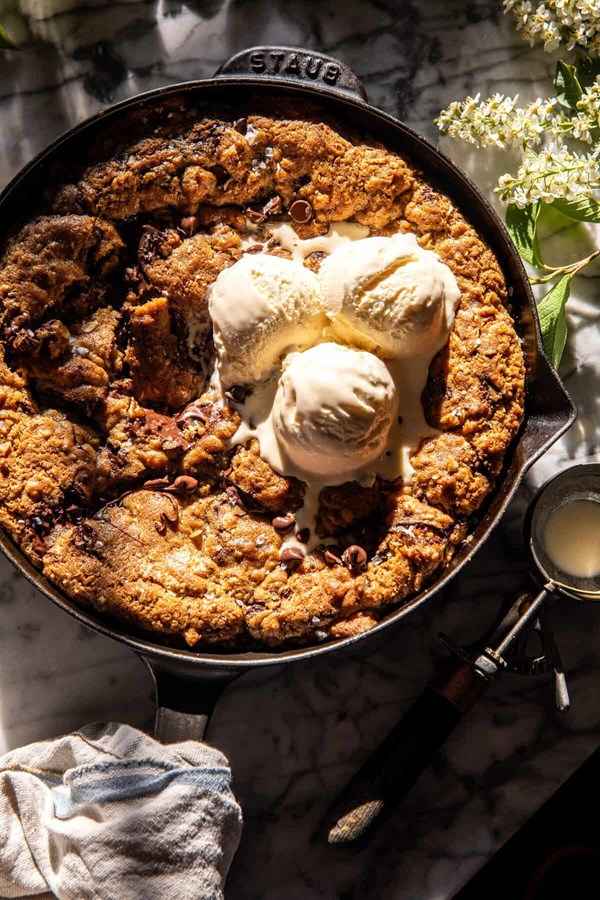 Chocolate chunk coconut pecan skillet cookie