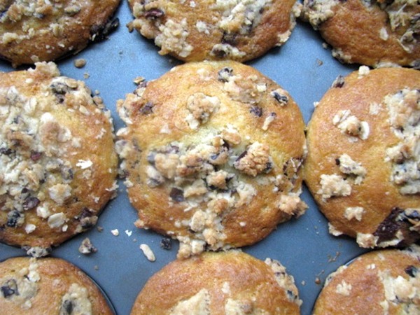 Chocolate chunk muffins with cocoa nib streusel