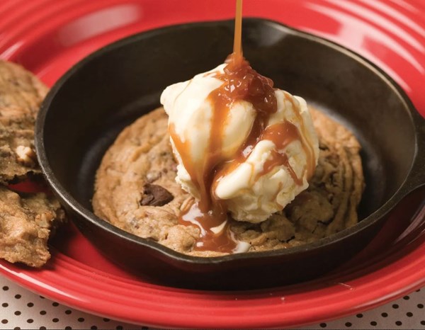 Chocolate chunk-pecan cookie sundaes with salted caramel sauce