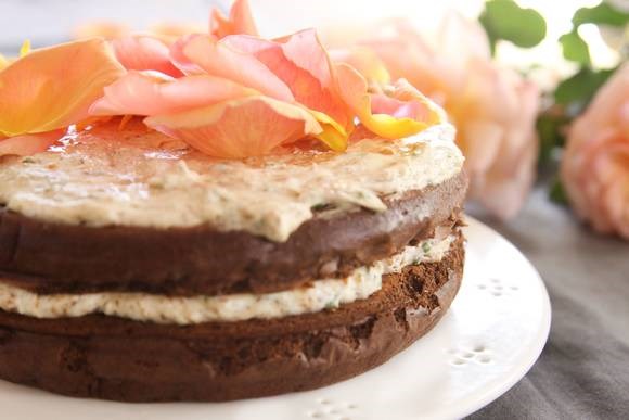 Chocolate cloud cake with nut cream and rose petals