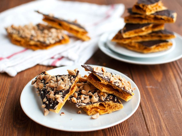 Chocolate-coated caramel honeycomb with salted peanuts