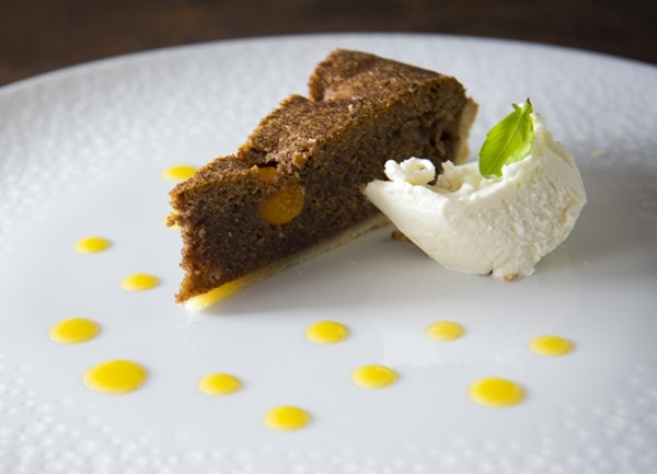 Chocolate cobnut and physalis tart with basil ice cream