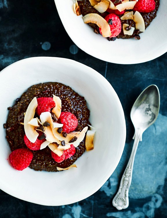 Chocolate, coconut and raspberry quinoa porridge