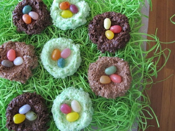 Chocolate coconut nests with jelly bean eggs