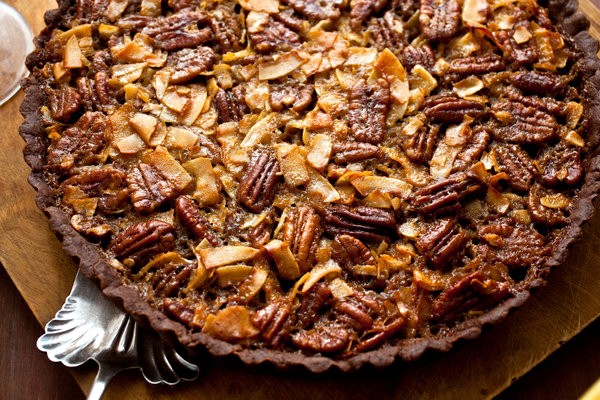 Chocolate coconut pecan tart