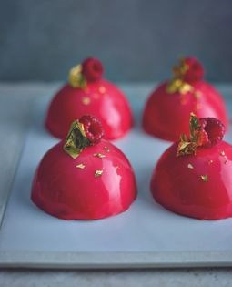 Chocolate, coffee & hazelnut petit gateau with red mirror glaze