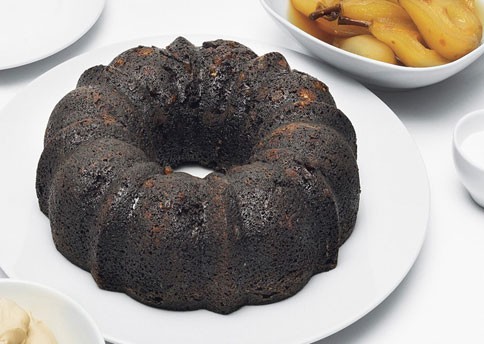 Chocolate-coffee gingerbread with hazelnut poached pears