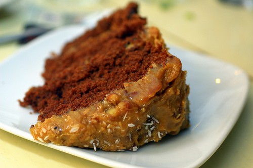 Chocolate cola cake with toasted coconut-pecan frosting