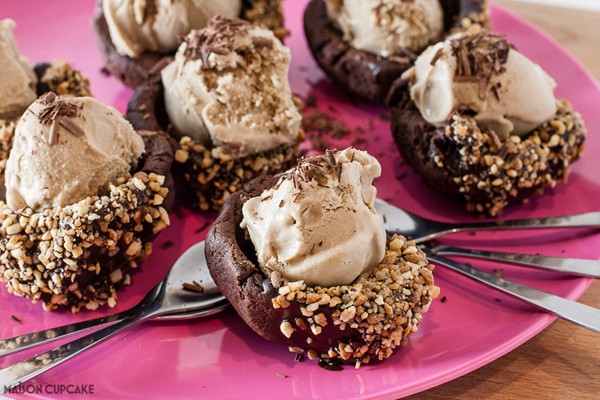 Chocolate cookie cups with coffee ice cream
