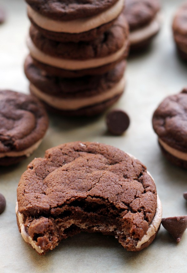 Chocolate cookie sandwiches with malted milk chocolate buttercream