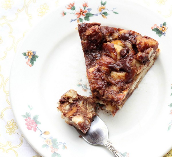 Chocolate-covered pretzel bread pudding