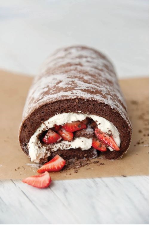 Chocolate, cream and strawberry roll
