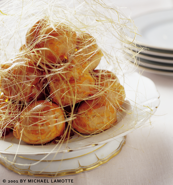 Chocolate cream puffs with spun sugar