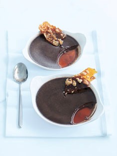 Chocolate crème caramels with hazelnut toffee