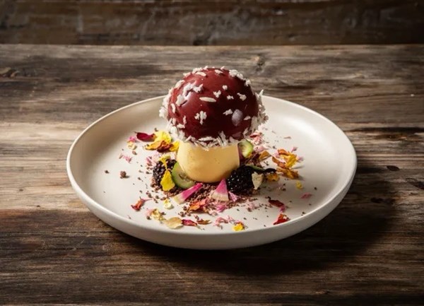 Chocolate crémeux and passion fruit sorbet