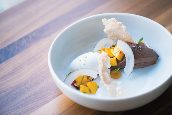 Chocolate crémeux with coconut sorbet, mango & chiles