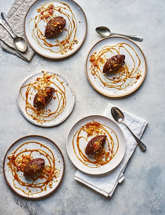 Chocolate crémeux with crunchy nut praline and boozy caramel sauce