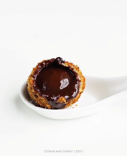 Chocolate croquettes with passionfruit crème Anglaise