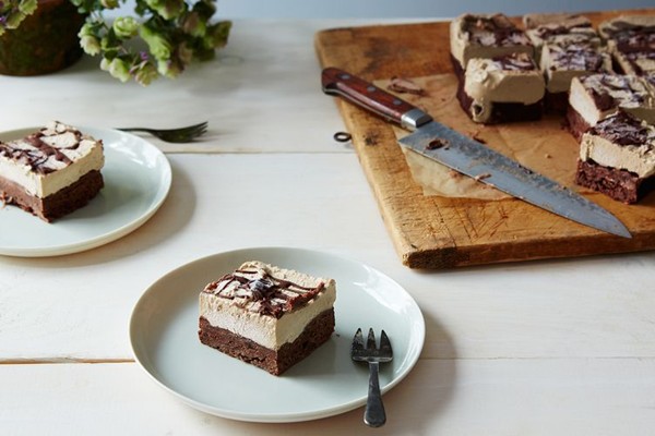 Chocolate-date cake topped with roasted banana ice cream