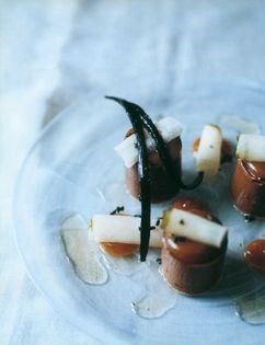 Chocolate delice with pear purée and jasmine tea syrup