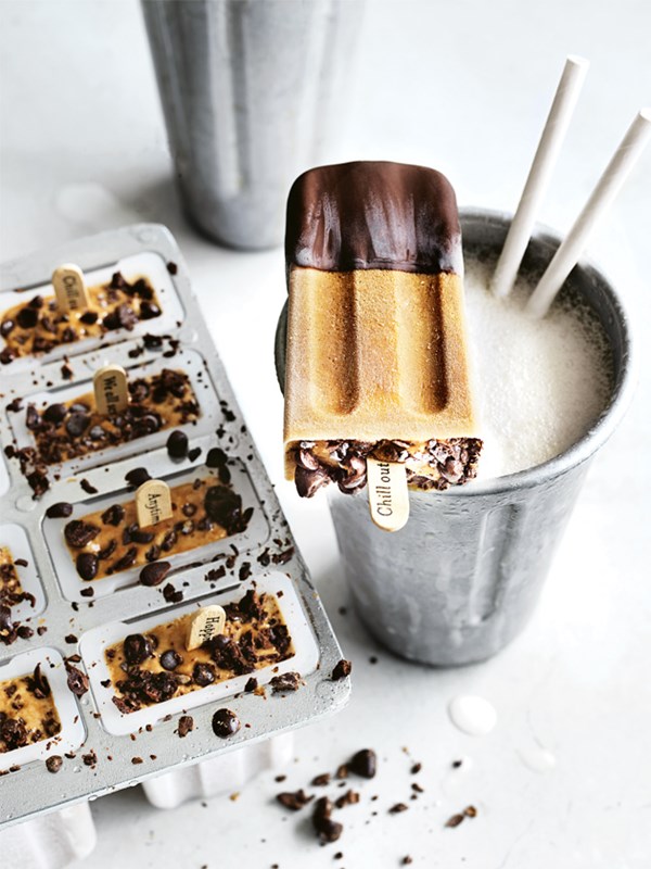 Chocolate-dipped almond milk and coffee popsicles